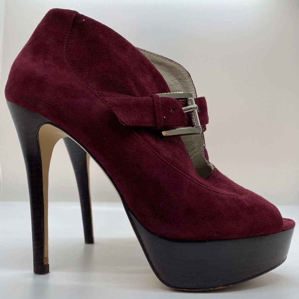 Michael Kors Suede Peep Toe Boot (Burgundy)